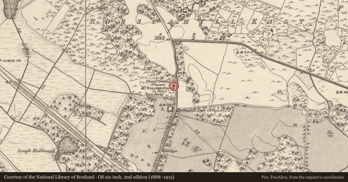 Ordnance Survey six-inch map, 2nd edition (1888–1915) covering the location of Church, Rosscahill East, County Galway, with a pin at the register's coordinates