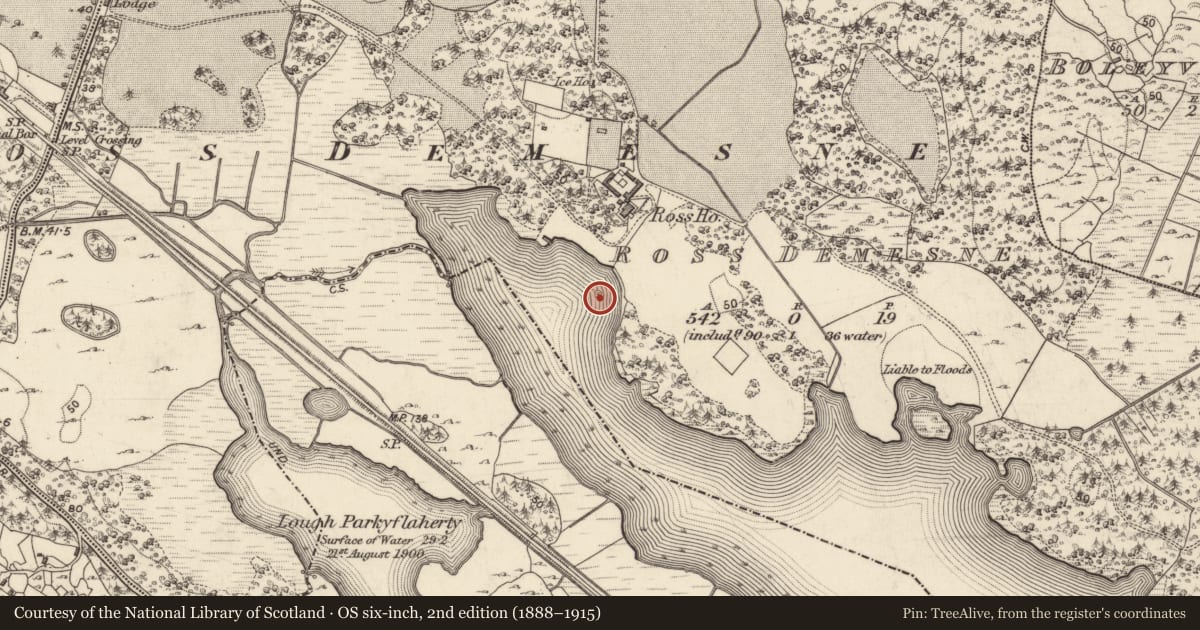 Ordnance Survey six-inch map, 2nd edition (1888–1915) covering the location of Crannog, Ross Demesne, County Galway, with a pin at the register's coordinates