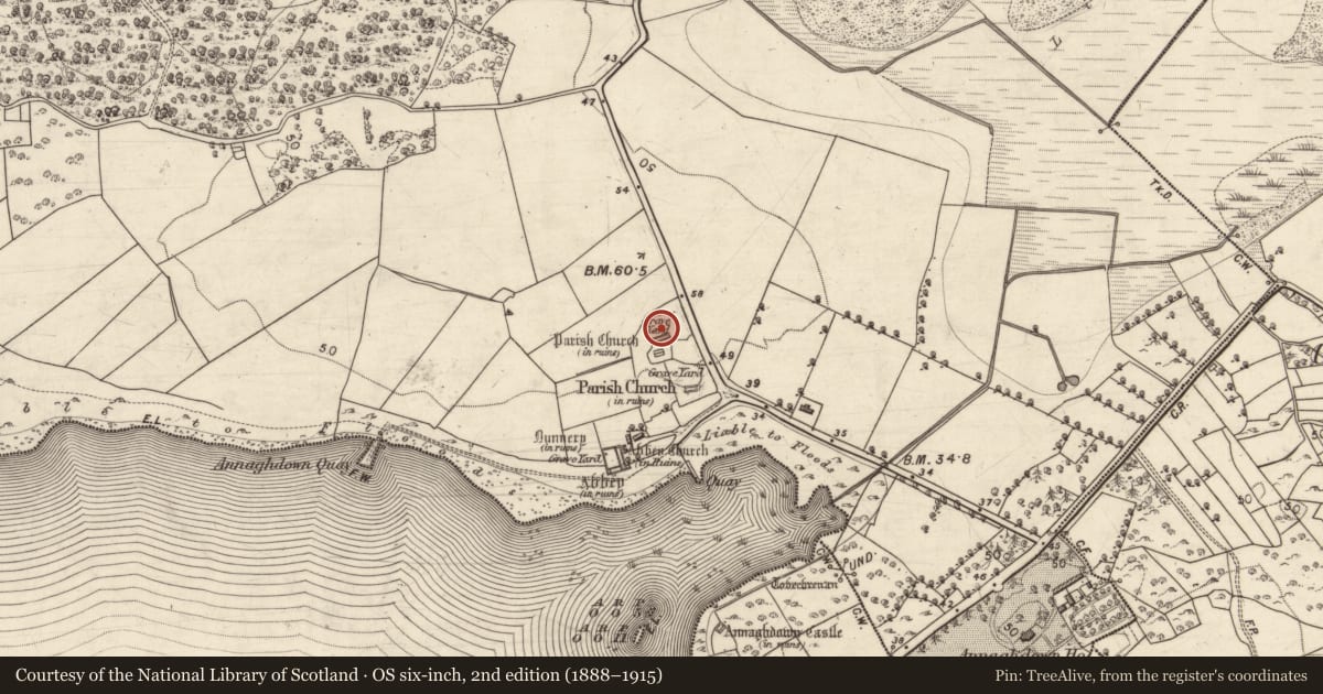Ordnance Survey six-inch map, 2nd edition (1888–1915) covering the location of Graveyard, Eanach Dhúin, County Galway, with a pin at the register's coordinates