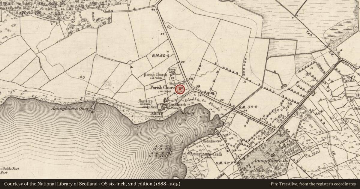 Ordnance Survey six-inch map, 2nd edition (1888–1915) covering the location of Church, Eanach Dhúin, County Galway, with a pin at the register's coordinates