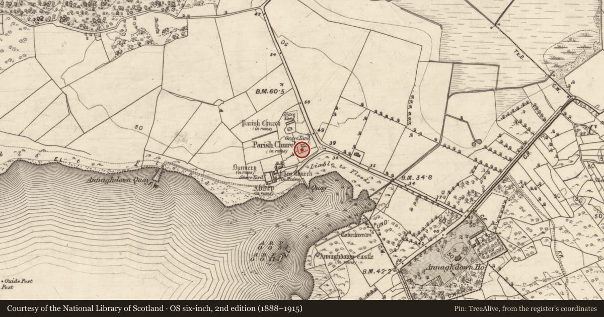Ordnance Survey six-inch map, 2nd edition (1888–1915) covering the location of Round tower, Eanach Dhúin, County Galway, with a pin at the register's coordinates