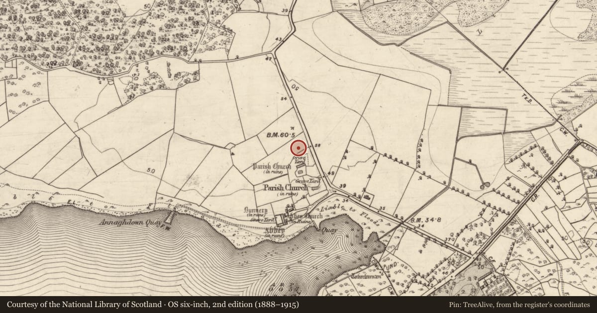 Ordnance Survey six-inch map, 2nd edition (1888–1915) covering the location of Ecclesiastical enclosure, Eanach Dhúin, County Galway, with a pin at the register's coordinates