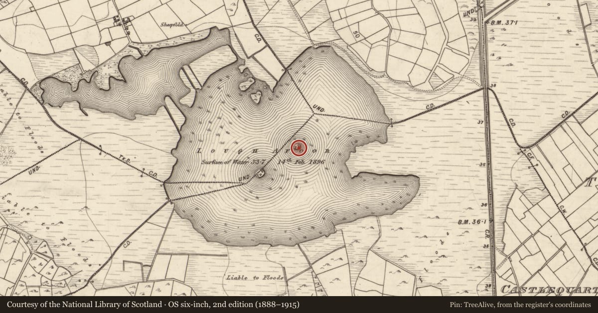 Ordnance Survey six-inch map, 2nd edition (1888–1915) covering the location of Crannog, Cluain Bú, County Galway, with a pin at the register's coordinates