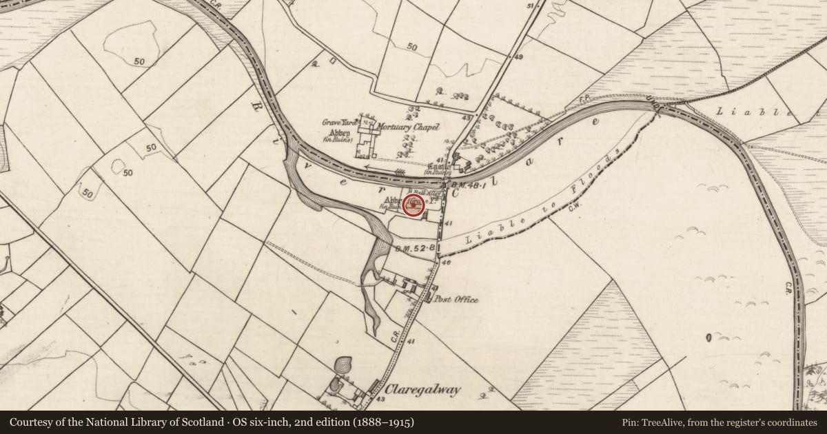 Ordnance Survey six-inch map, 2nd edition (1888–1915) covering the location of Church, Cathair Ghabhann, County Galway, with a pin at the register's coordinates