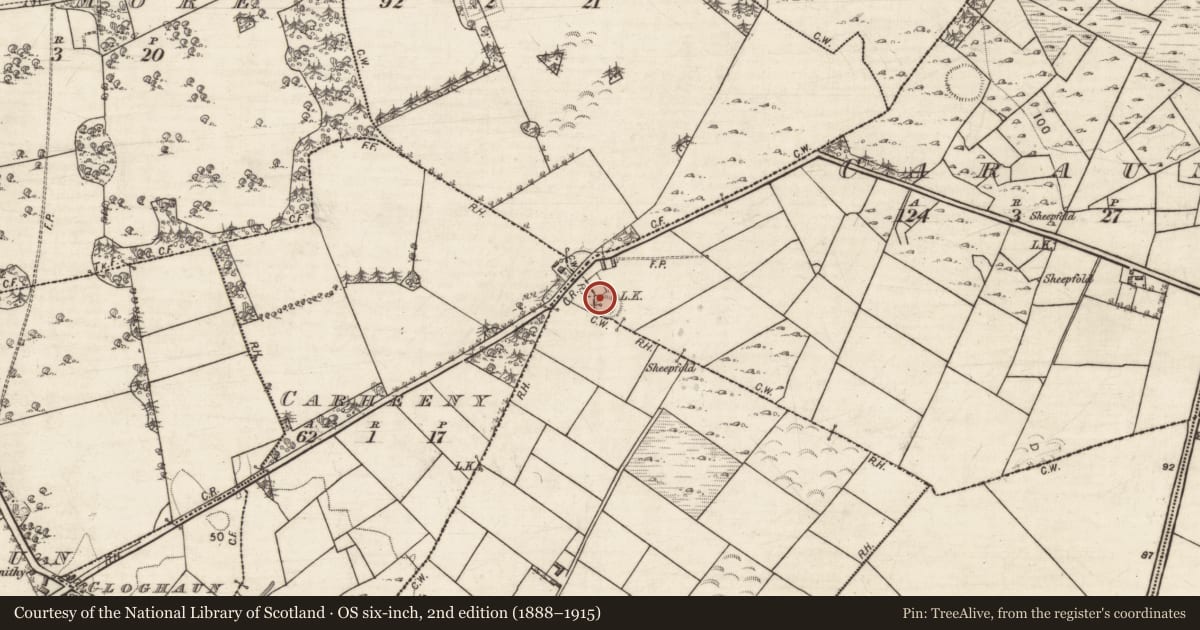 Ordnance Survey six-inch map, 2nd edition (1888–1915) covering the location of Burial, An Cárán, County Galway, with a pin at the register's coordinates