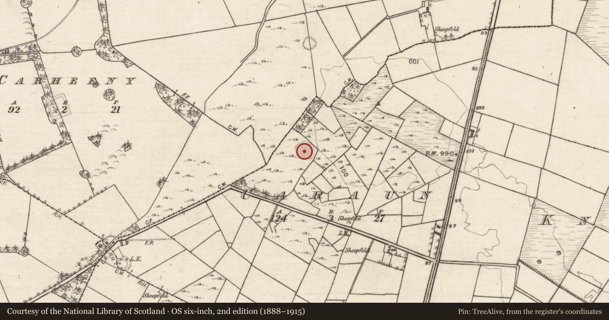 Ordnance Survey six-inch map, 2nd edition (1888–1915) covering the location of Ringfort - unclassified, An Cárán, County Galway, with a pin at the register's coordinates