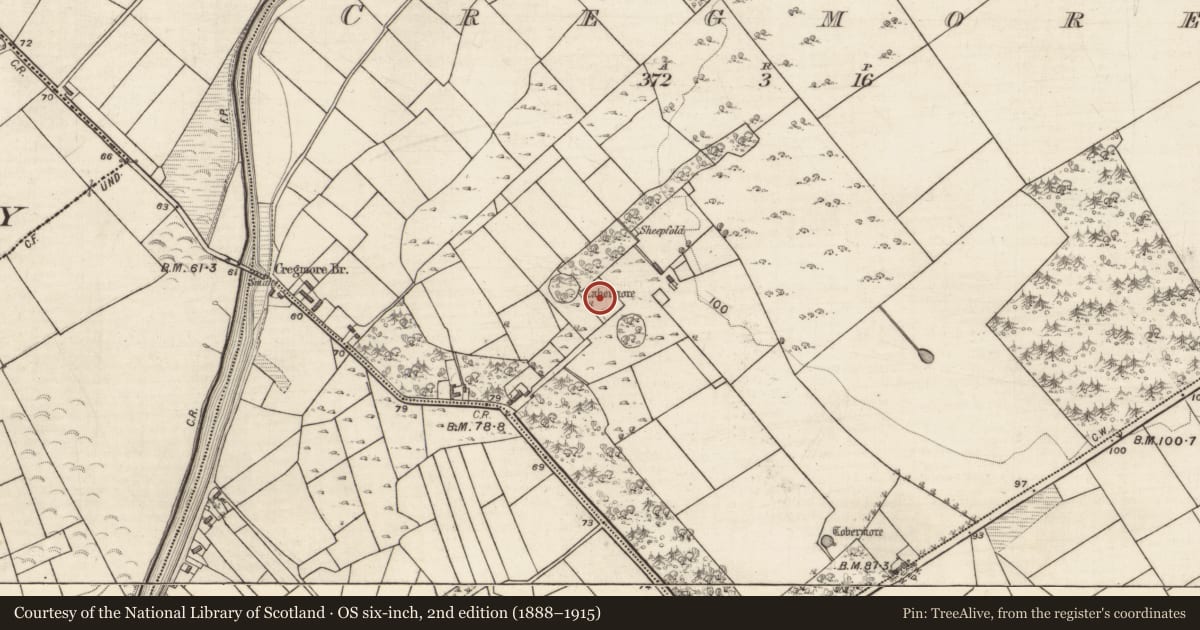 Ordnance Survey six-inch map, 2nd edition (1888–1915) covering the location of Enclosure, Cregmore, County Galway, with a pin at the register's coordinates