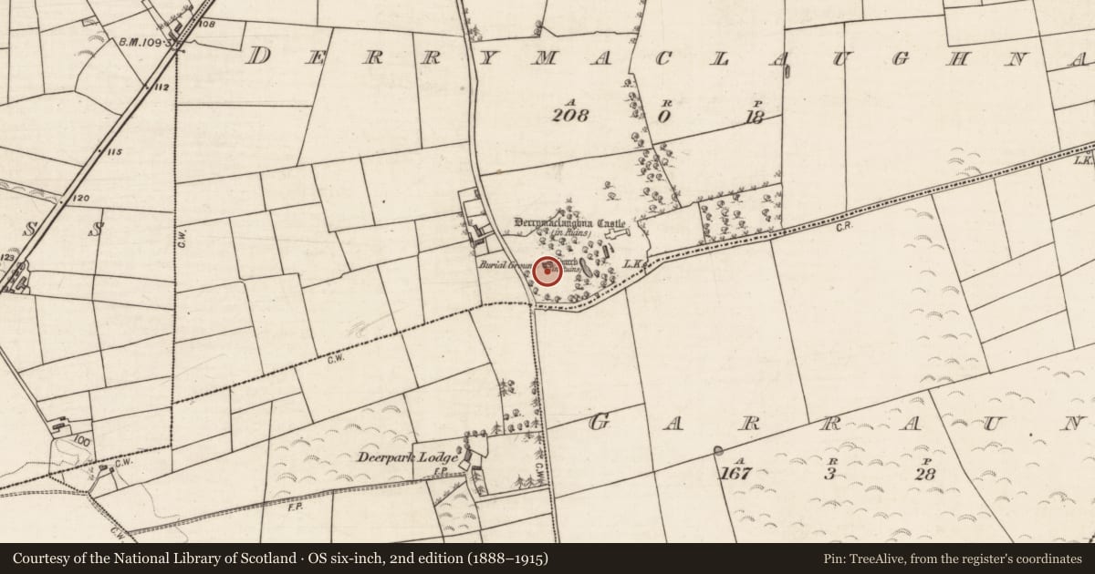 Ordnance Survey six-inch map, 2nd edition (1888–1915) covering the location of Church, Derrymaclaughna, County Galway, with a pin at the register's coordinates