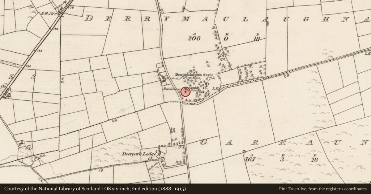 Ordnance Survey six-inch map, 2nd edition (1888–1915) covering the location of Graveyard, Derrymaclaughna, County Galway, with a pin at the register's coordinates