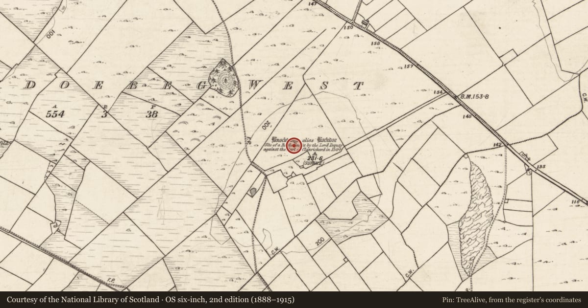 Ordnance Survey six-inch map, 2nd edition (1888–1915) covering the location of Earthwork, Knockdoebeg West, County Galway, with a pin at the register's coordinates