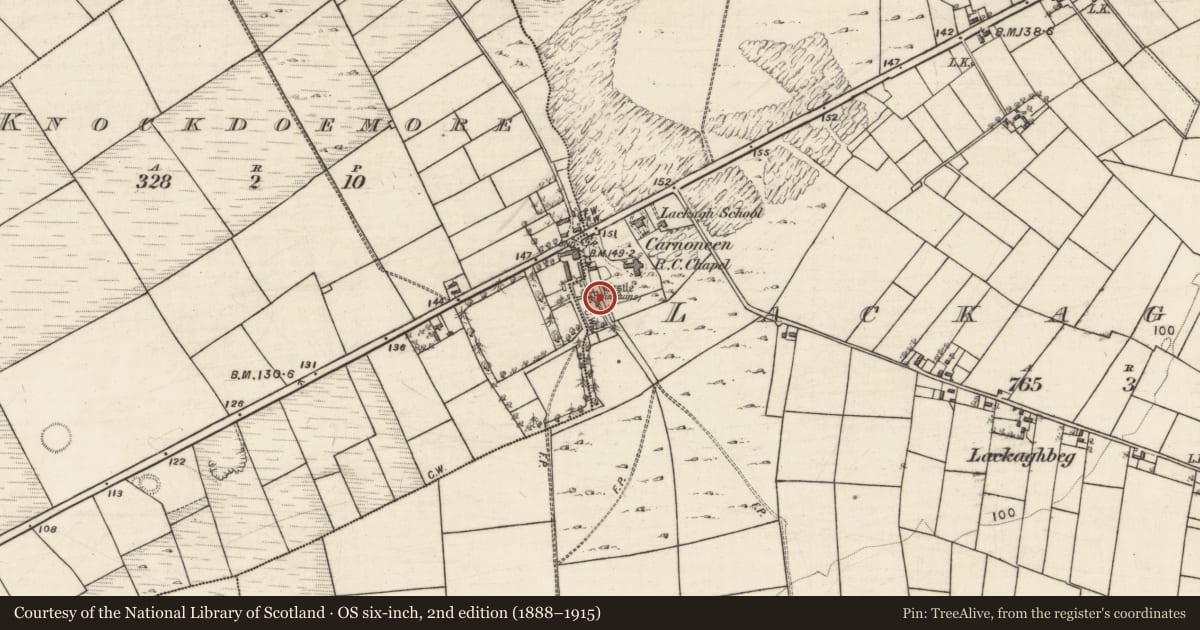 Ordnance Survey six-inch map, 2nd edition (1888–1915) covering the location of Castle - unclassified, Lackagh Beg, County Galway, with a pin at the register's coordinates