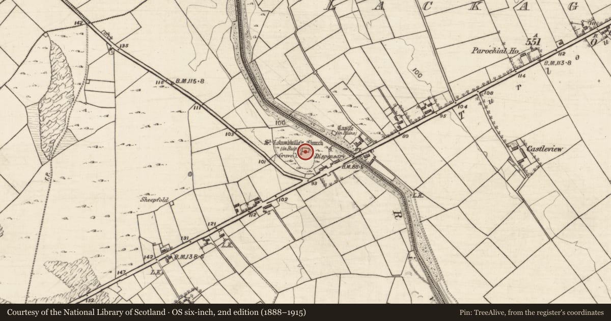 Ordnance Survey six-inch map, 2nd edition (1888–1915) covering the location of Church, Lackagh Beg, County Galway, with a pin at the register's coordinates