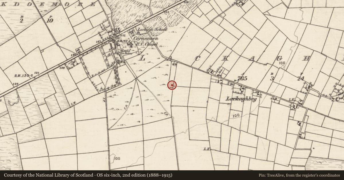 Ordnance Survey six-inch map, 2nd edition (1888–1915) covering the location of Souterrain, Lackagh Beg, County Galway, with a pin at the register's coordinates