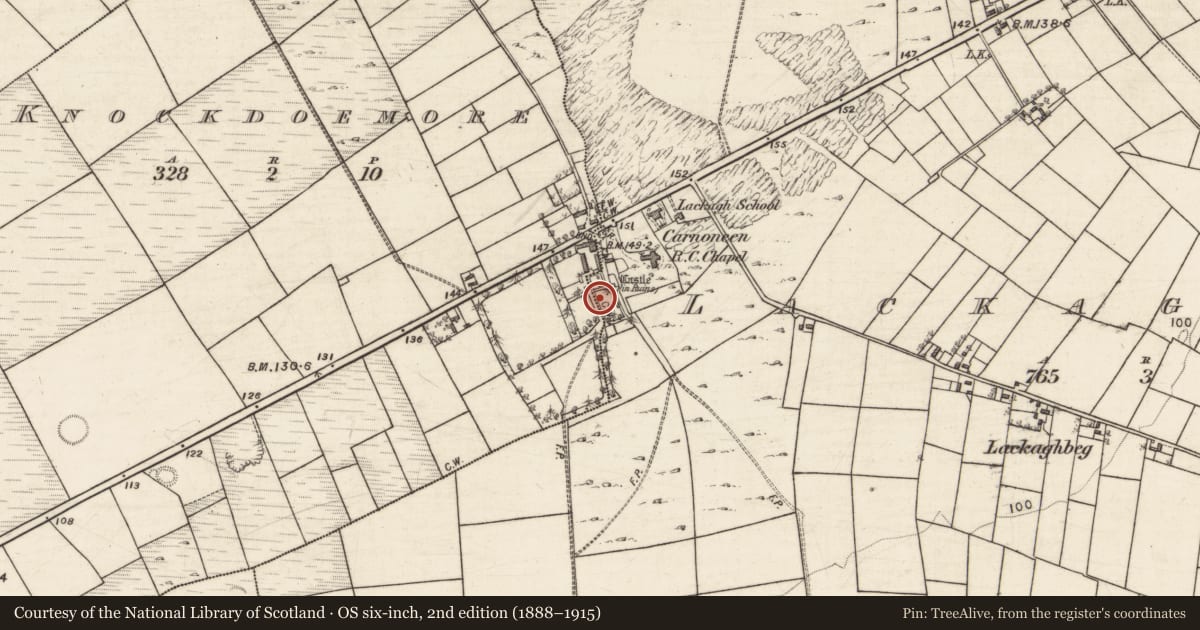 Ordnance Survey six-inch map, 2nd edition (1888–1915) covering the location of Church, Knockdoemore, Lackagh Beg, County Galway, with a pin at the register's coordinates