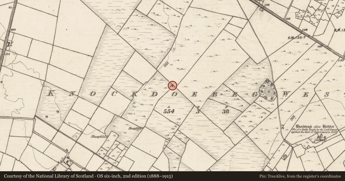 Ordnance Survey six-inch map, 2nd edition (1888–1915) covering the location of Souterrain, Knockdoebeg West, County Galway, with a pin at the register's coordinates