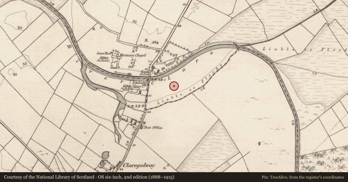 Ordnance Survey six-inch map, 2nd edition (1888–1915) covering the location of Moated site, Baile Chláir, County Galway, with a pin at the register's coordinates