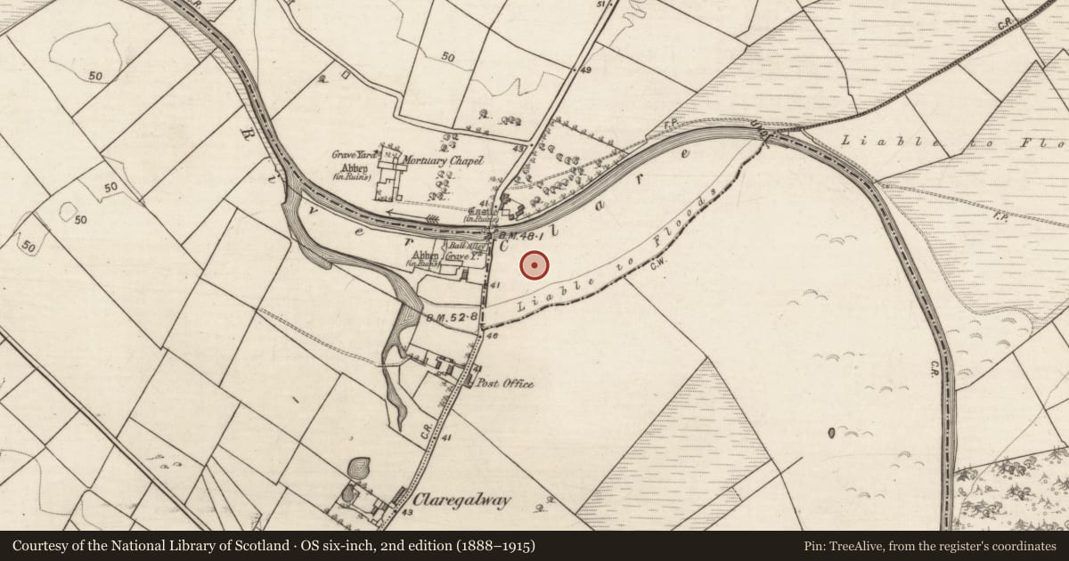 Ordnance Survey six-inch map, 2nd edition (1888–1915) covering the location of Earthwork, Baile Chláir, County Galway, with a pin at the register's coordinates
