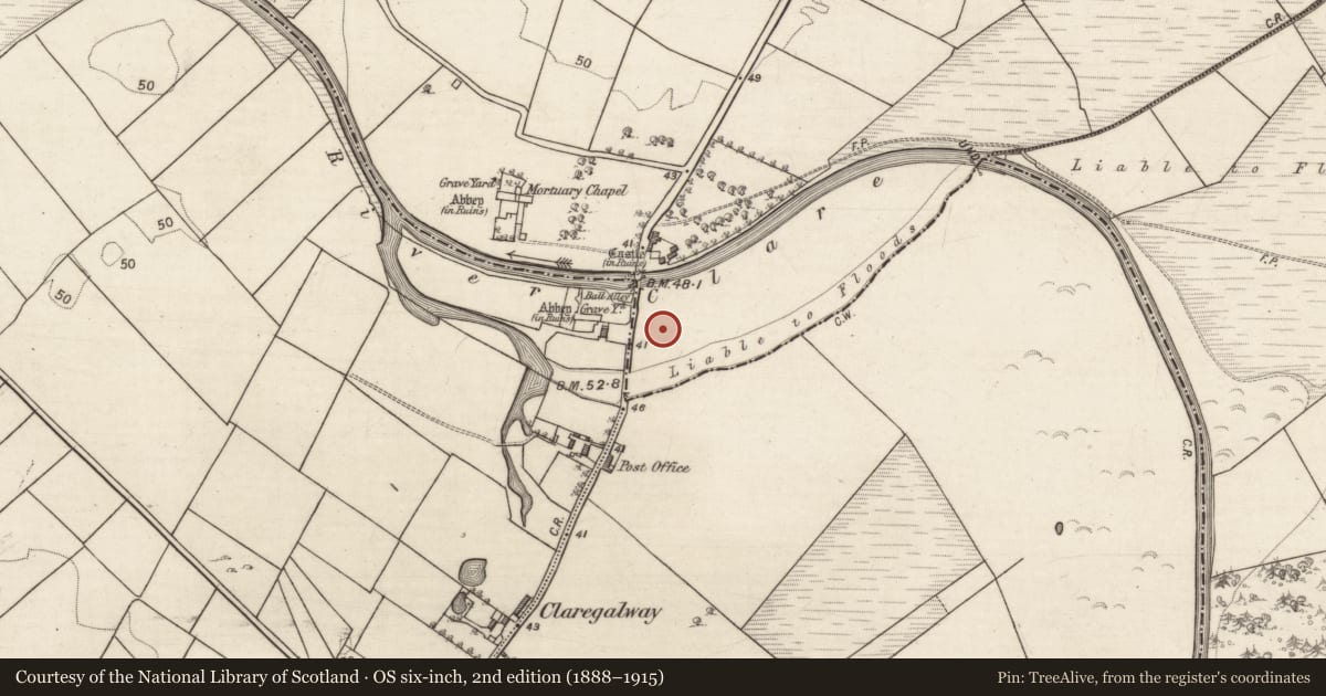 Ordnance Survey six-inch map, 2nd edition (1888–1915) covering the location of Enclosure, Baile Chláir, County Galway, with a pin at the register's coordinates