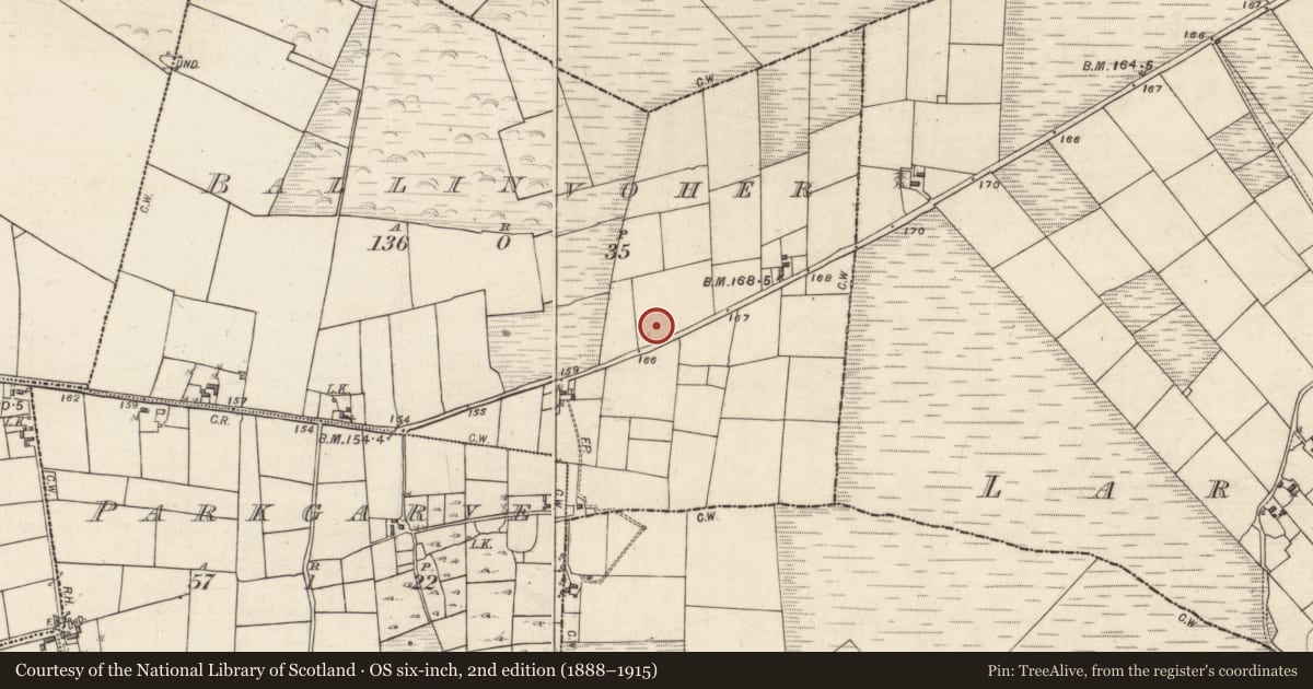 Ordnance Survey six-inch map, 2nd edition (1888–1915) covering the location of Souterrain, Ballinvoher, County Galway, with a pin at the register's coordinates