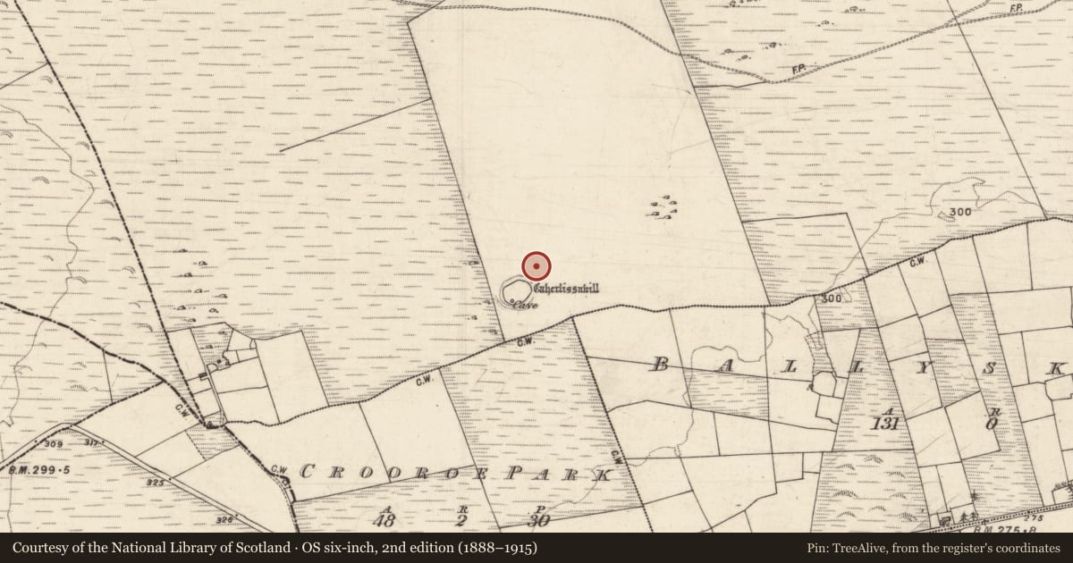 Ordnance Survey six-inch map, 2nd edition (1888–1915) covering the location of Enclosure, Caherlissakill, County Galway, with a pin at the register's coordinates