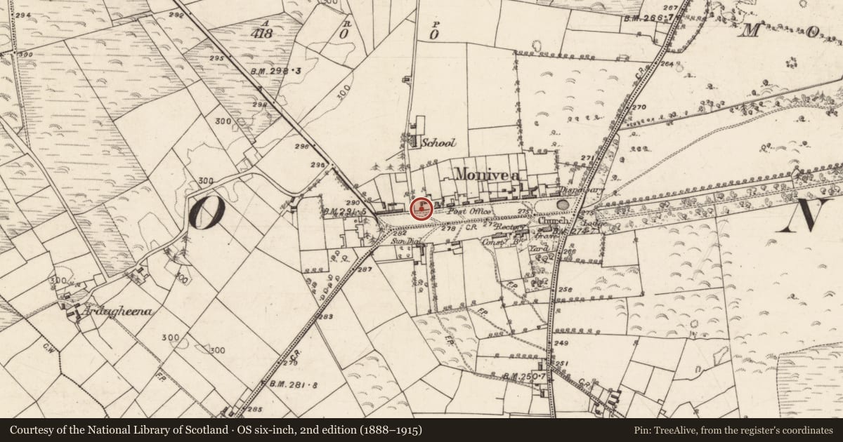 Ordnance Survey six-inch map, 2nd edition (1888–1915) covering the location of Church, Glennagloghaun North, County Galway, with a pin at the register's coordinates