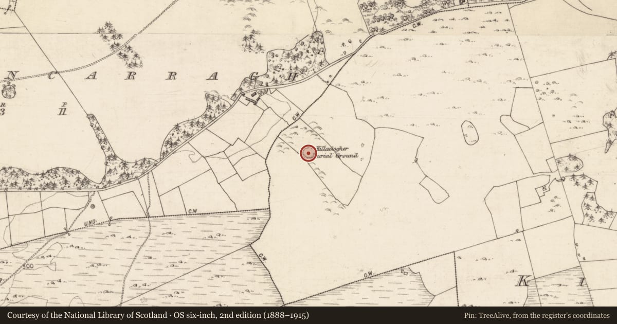 Ordnance Survey six-inch map, 2nd edition (1888–1915) covering the location of Enclosure, Killaclogher, County Galway, with a pin at the register's coordinates