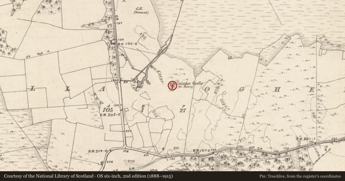 Ordnance Survey six-inch map, 2nd edition (1888–1915) covering the location of Castle - tower house, Killaclogher, County Galway, with a pin at the register's coordinates