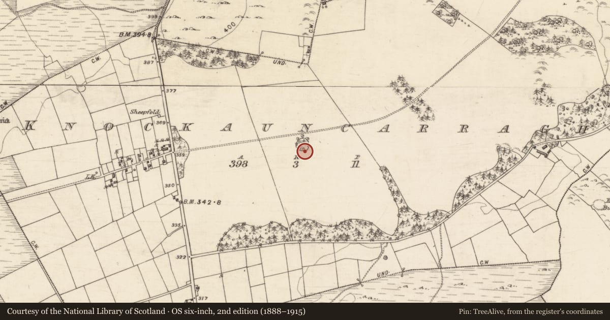 Ordnance Survey six-inch map, 2nd edition (1888–1915) covering the location of Designed landscape - tree-ring, Knockauncarragh, County Galway, with a pin at the register's coordinates