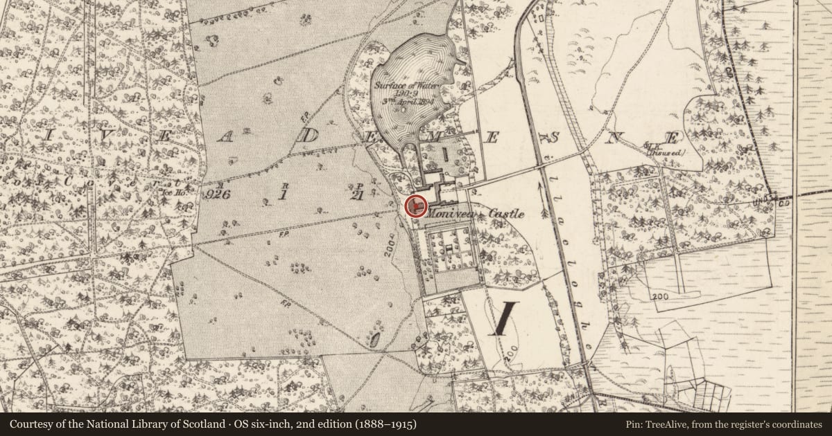 Ordnance Survey six-inch map, 2nd edition (1888–1915) covering the location of Country house, Monivea Demesne, County Galway, with a pin at the register's coordinates