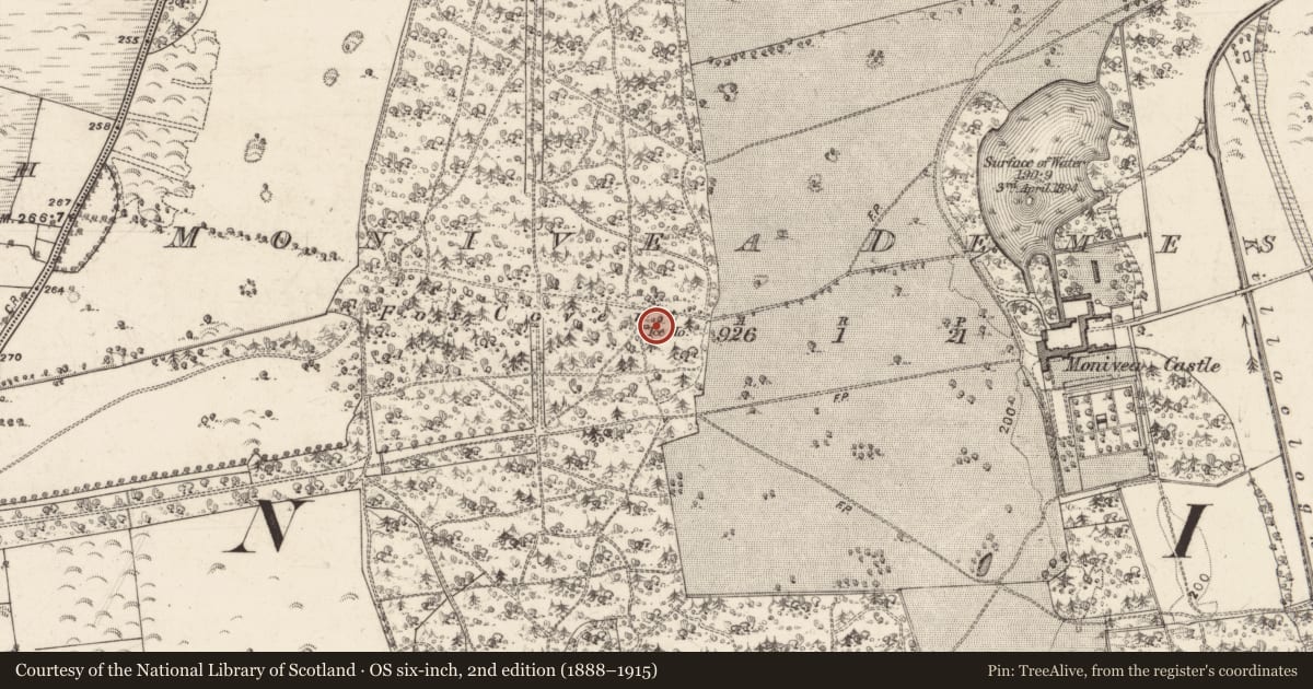 Ordnance Survey six-inch map, 2nd edition (1888–1915) covering the location of Icehouse, Monivea Demesne, County Galway, with a pin at the register's coordinates