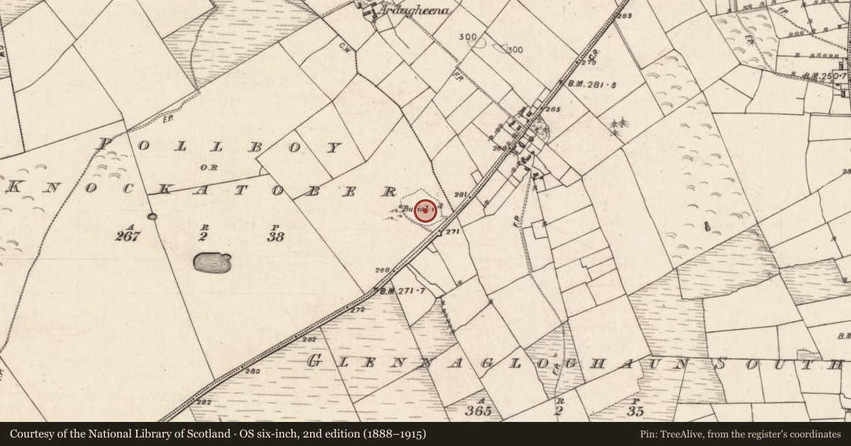 Ordnance Survey six-inch map, 2nd edition (1888–1915) covering the location of Burial ground, Pollboy Or Knockatober, County Galway, with a pin at the register's coordinates
