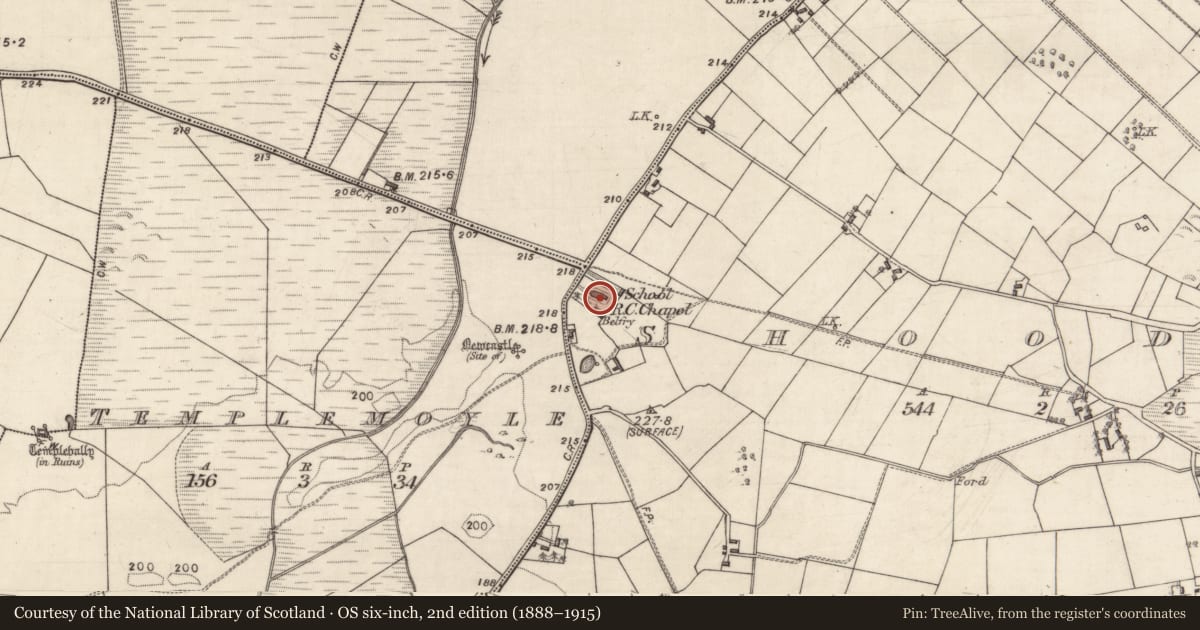 Ordnance Survey six-inch map, 2nd edition (1888–1915) covering the location of Chapel, Shoodaun, County Galway, with a pin at the register's coordinates
