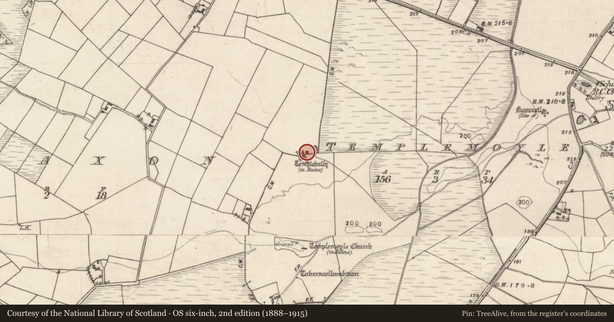 Ordnance Survey six-inch map, 2nd edition (1888–1915) covering the location of Religious house - Franciscan Third Order Regular, Templemoyle, Tisaxon, County Galway, with a pin at the register's coordinates