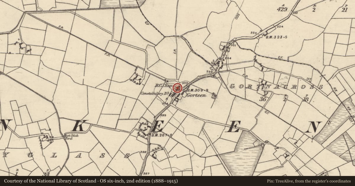 Ordnance Survey six-inch map, 2nd edition (1888–1915) covering the location of Church, Ballyglass, County Galway, with a pin at the register's coordinates