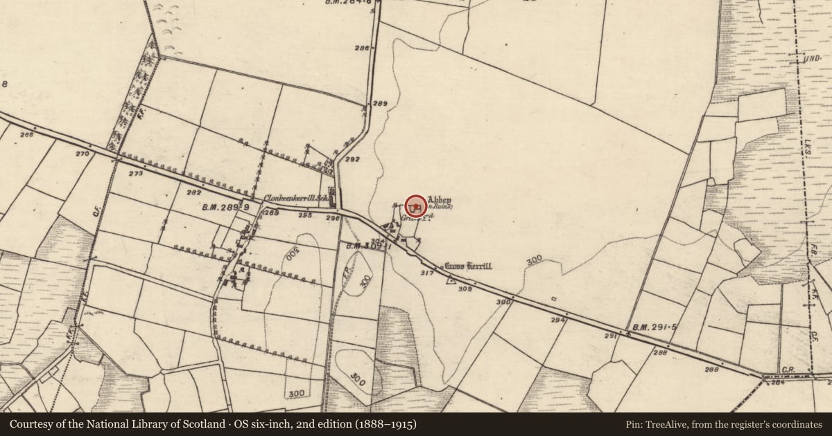 Ordnance Survey six-inch map, 2nd edition (1888–1915) covering the location of Religious house - Franciscan Third Order Regular, Clonkeenkerrill, County Galway, with a pin at the register's coordinates