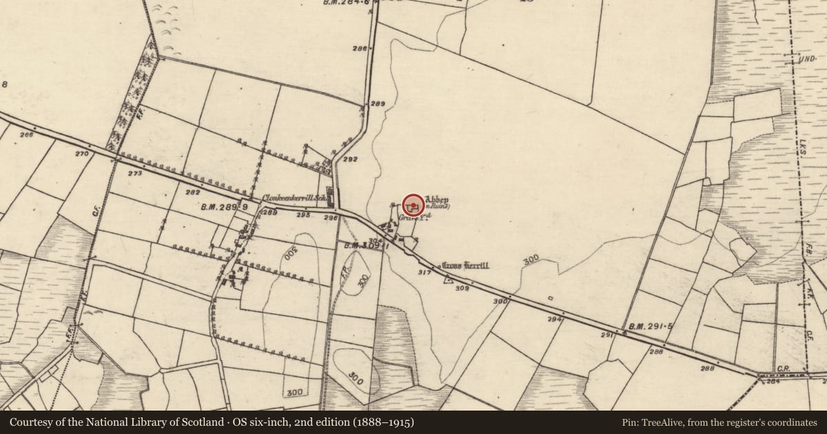 Ordnance Survey six-inch map, 2nd edition (1888–1915) covering the location of Graveyard, Clonkeenkerrill, County Galway, with a pin at the register's coordinates