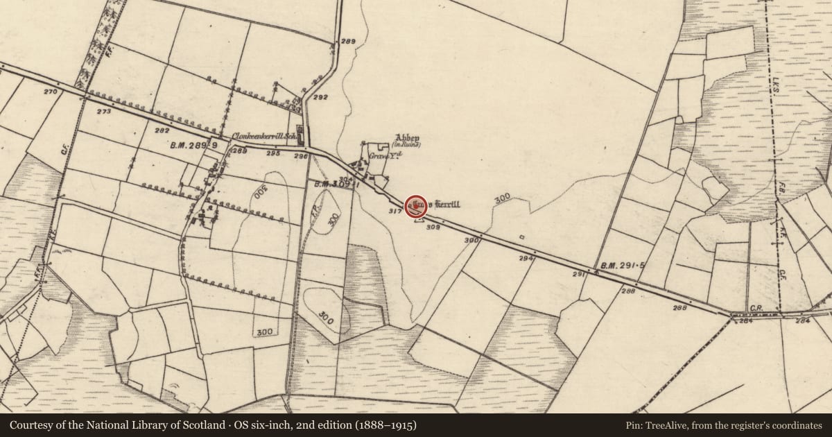 Ordnance Survey six-inch map, 2nd edition (1888–1915) covering the location of Cross, Clonkeenkerrill, County Galway, with a pin at the register's coordinates