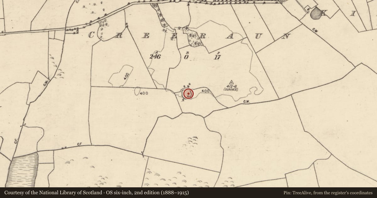 Ordnance Survey six-inch map, 2nd edition (1888–1915) covering the location of Ringfort - unclassified, Creeraun, County Galway, with a pin at the register's coordinates