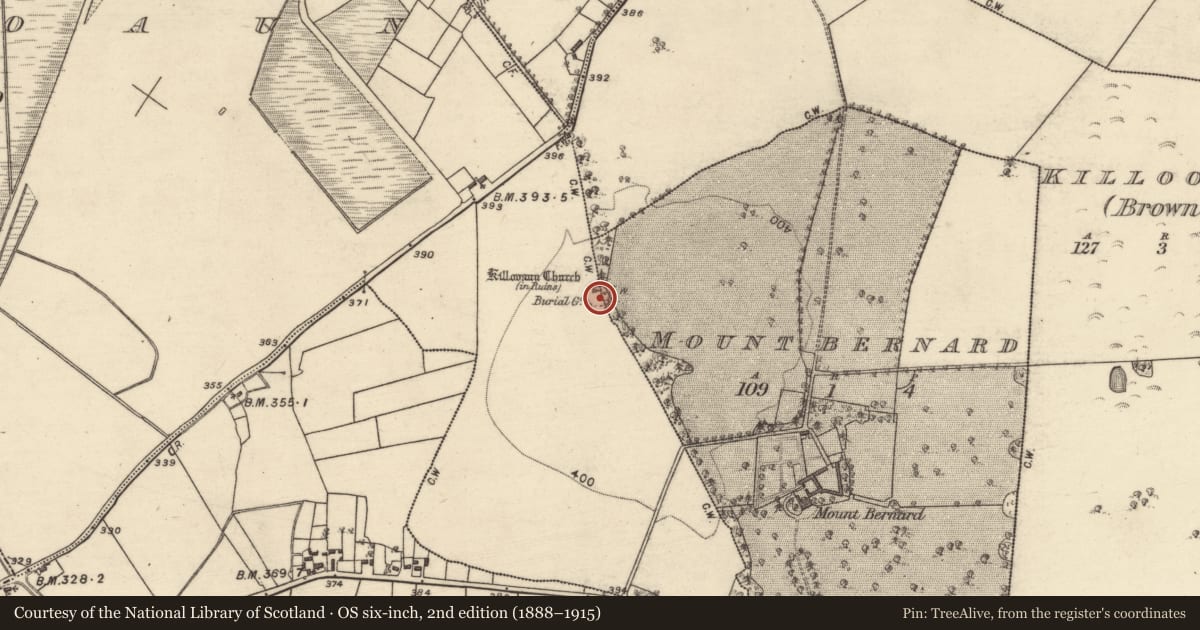 Ordnance Survey six-inch map, 2nd edition (1888–1915) covering the location of Graveyard, Mountbernard, Killooaun (Eyre), County Galway, with a pin at the register's coordinates