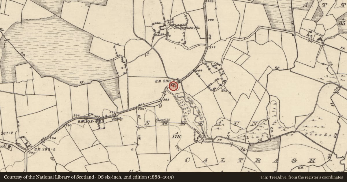 Ordnance Survey six-inch map, 2nd edition (1888–1915) covering the location of Enclosure, Ballyglass, Sheeaun, County Galway, with a pin at the register's coordinates
