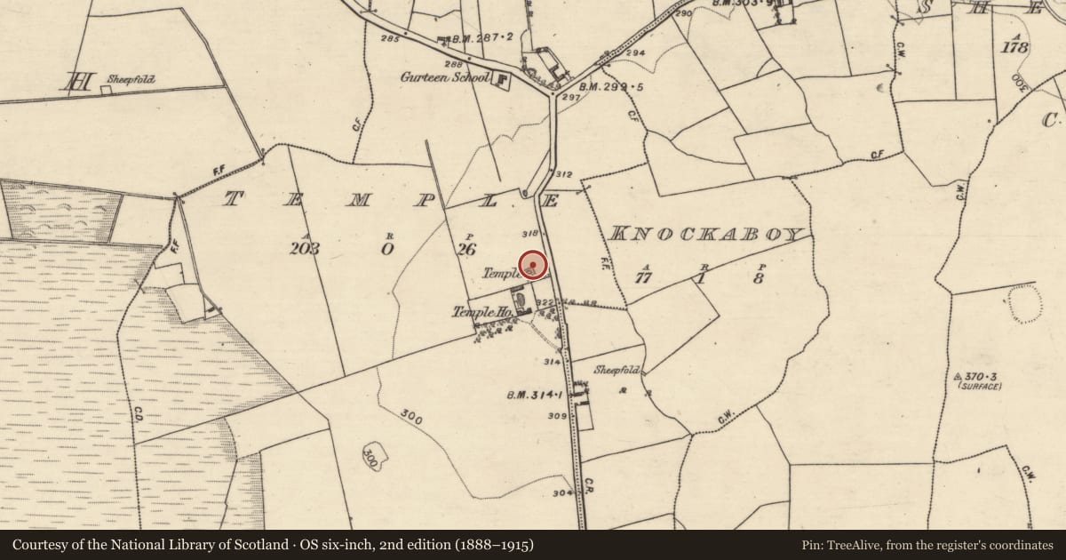 Ordnance Survey six-inch map, 2nd edition (1888–1915) covering the location of Designed landscape - folly, Temple, County Galway, with a pin at the register's coordinates