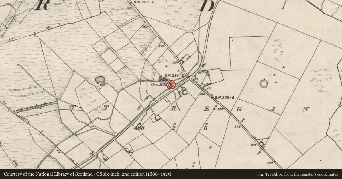 Ordnance Survey six-inch map, 2nd edition (1888–1915) covering the location of Mill - corn, Attiregan, County Galway, with a pin at the register's coordinates