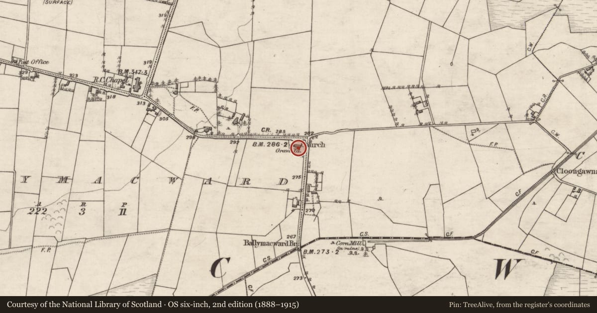 Ordnance Survey six-inch map, 2nd edition (1888–1915) covering the location of Church, Ballymacward, County Galway, with a pin at the register's coordinates