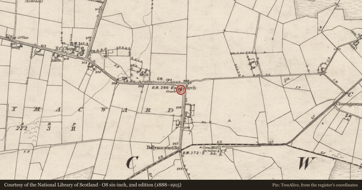 Ordnance Survey six-inch map, 2nd edition (1888–1915) covering the location of Graveyard, Ballymacward, County Galway, with a pin at the register's coordinates