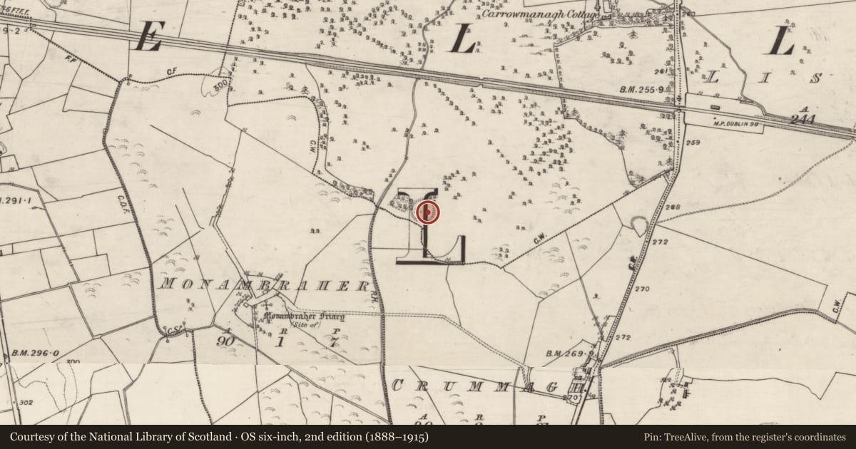 Ordnance Survey six-inch map, 2nd edition (1888–1915) covering the location of Ringfort - unclassified, Carrowmanagh, County Galway, with a pin at the register's coordinates
