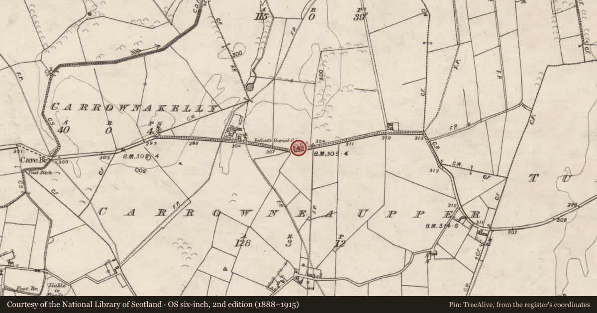 Ordnance Survey six-inch map, 2nd edition (1888–1915) covering the location of Children's burial ground, Carrownea, County Galway, with a pin at the register's coordinates