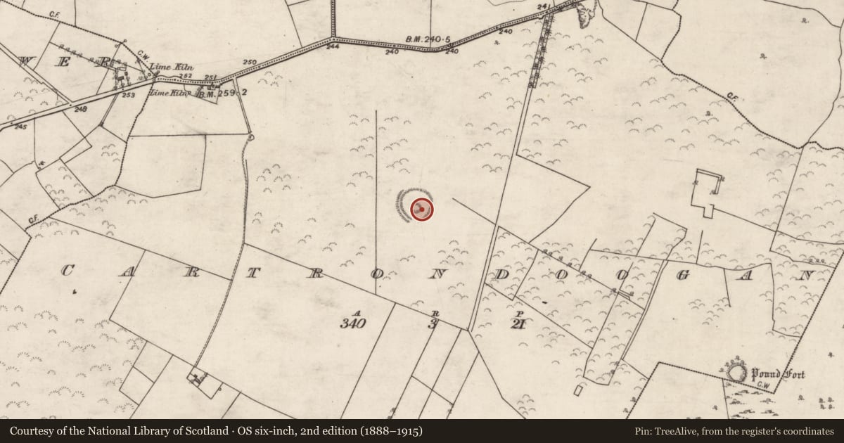 Ordnance Survey six-inch map, 2nd edition (1888–1915) covering the location of Enclosure, Cartrondoogan, County Galway, with a pin at the register's coordinates