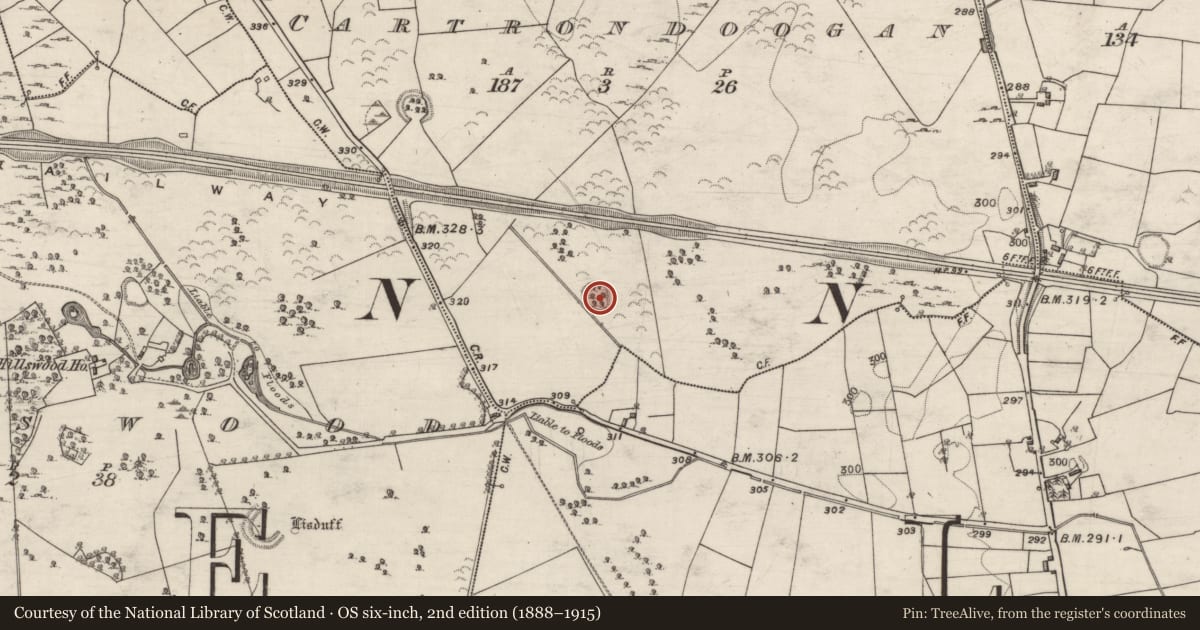 Ordnance Survey six-inch map, 2nd edition (1888–1915) covering the location of Enclosure, Cartrondoogan, County Galway, with a pin at the register's coordinates