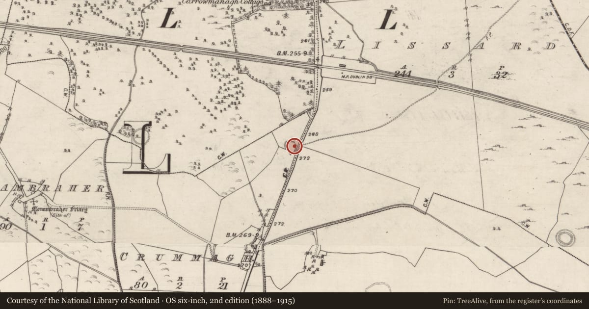 Ordnance Survey six-inch map, 2nd edition (1888–1915) covering the location of Enclosure, Crummagh, County Galway, with a pin at the register's coordinates