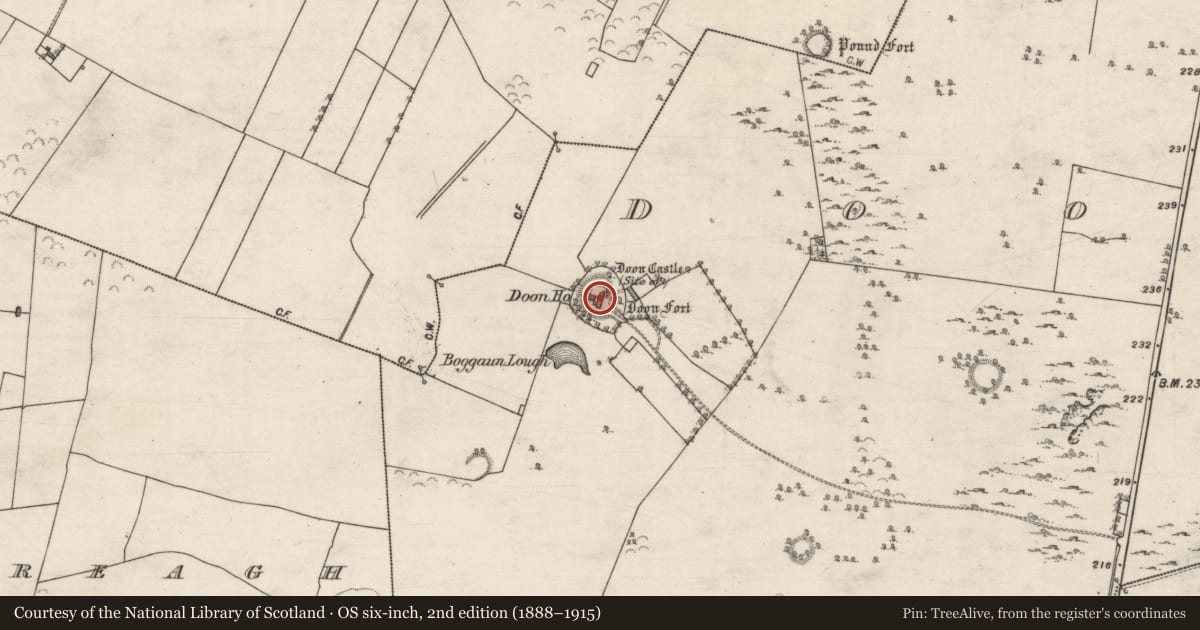 Ordnance Survey six-inch map, 2nd edition (1888–1915) covering the location of Enclosure, Doon Upper, County Galway, with a pin at the register's coordinates